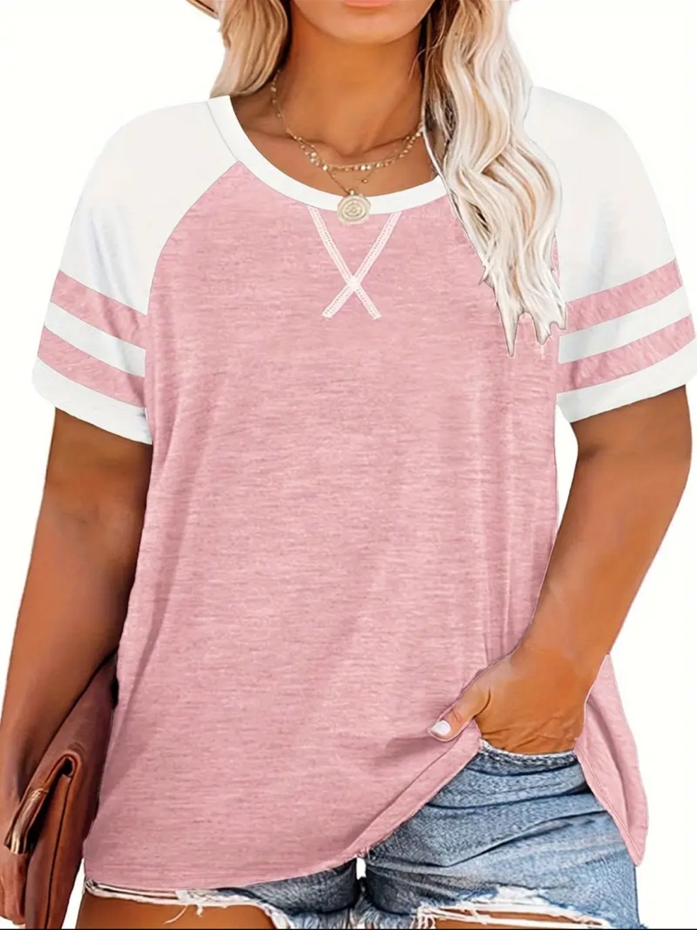 Raglan Short Sleeve Crewneck Women's Pink Tee NIP
